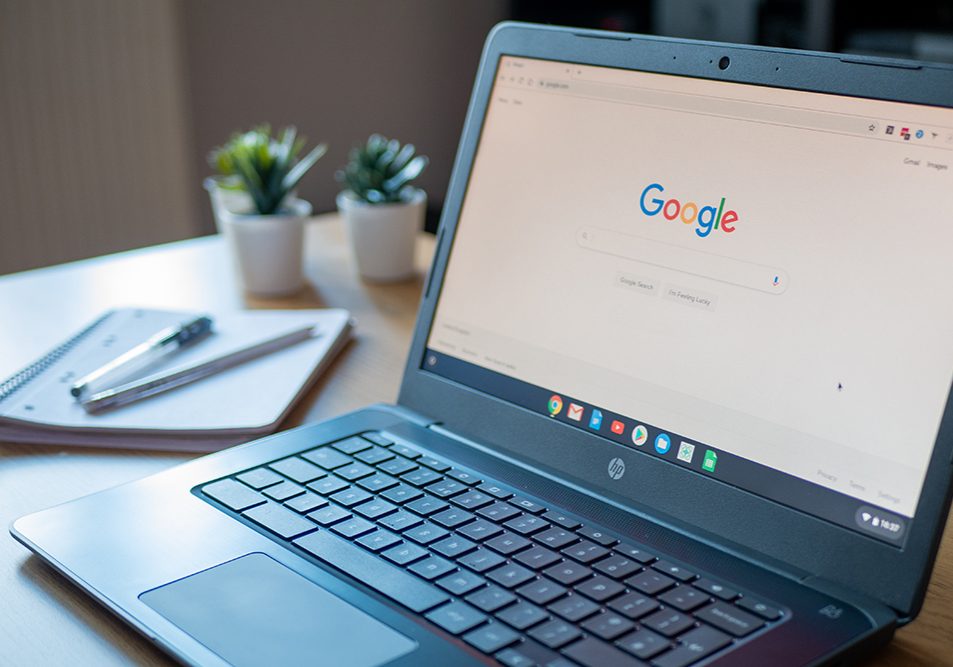 March 2020, UK: Google search engine on home page of HP chromebook